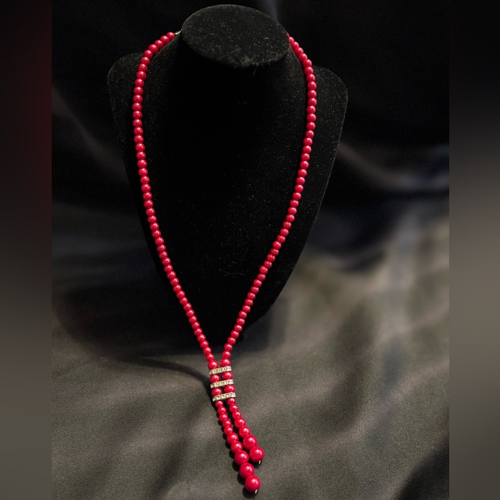 Elegant Red Beaded Necklace Faux Pearls Rhinestones Valentines Christmas Formal
